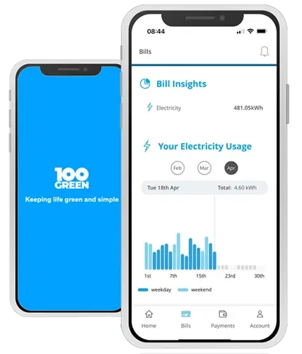 Two iPhones running the 100Green App