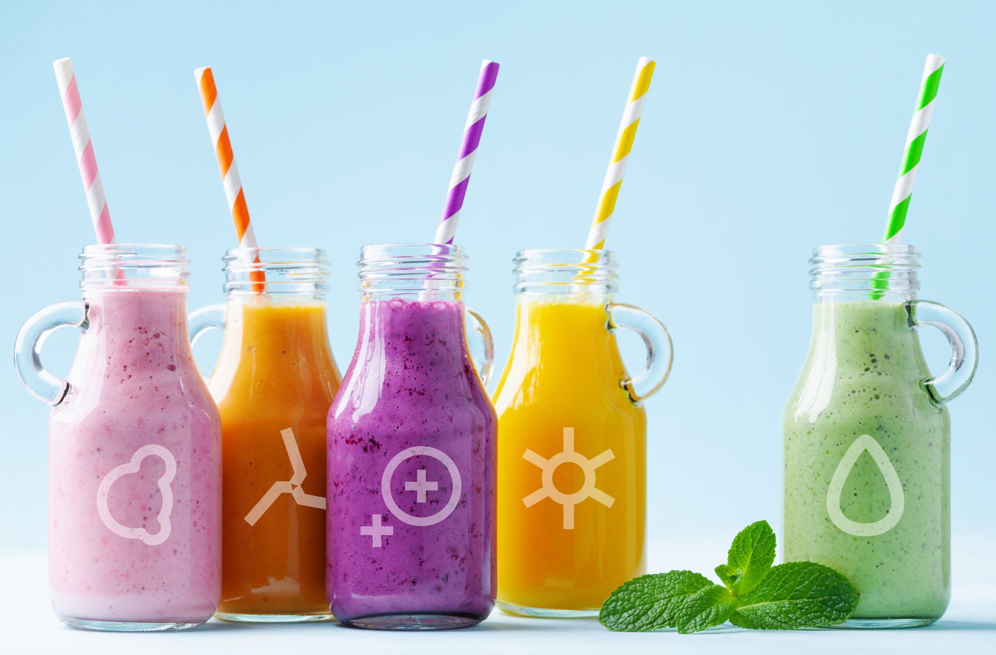 5 Different Coloured Smoothies in Jars